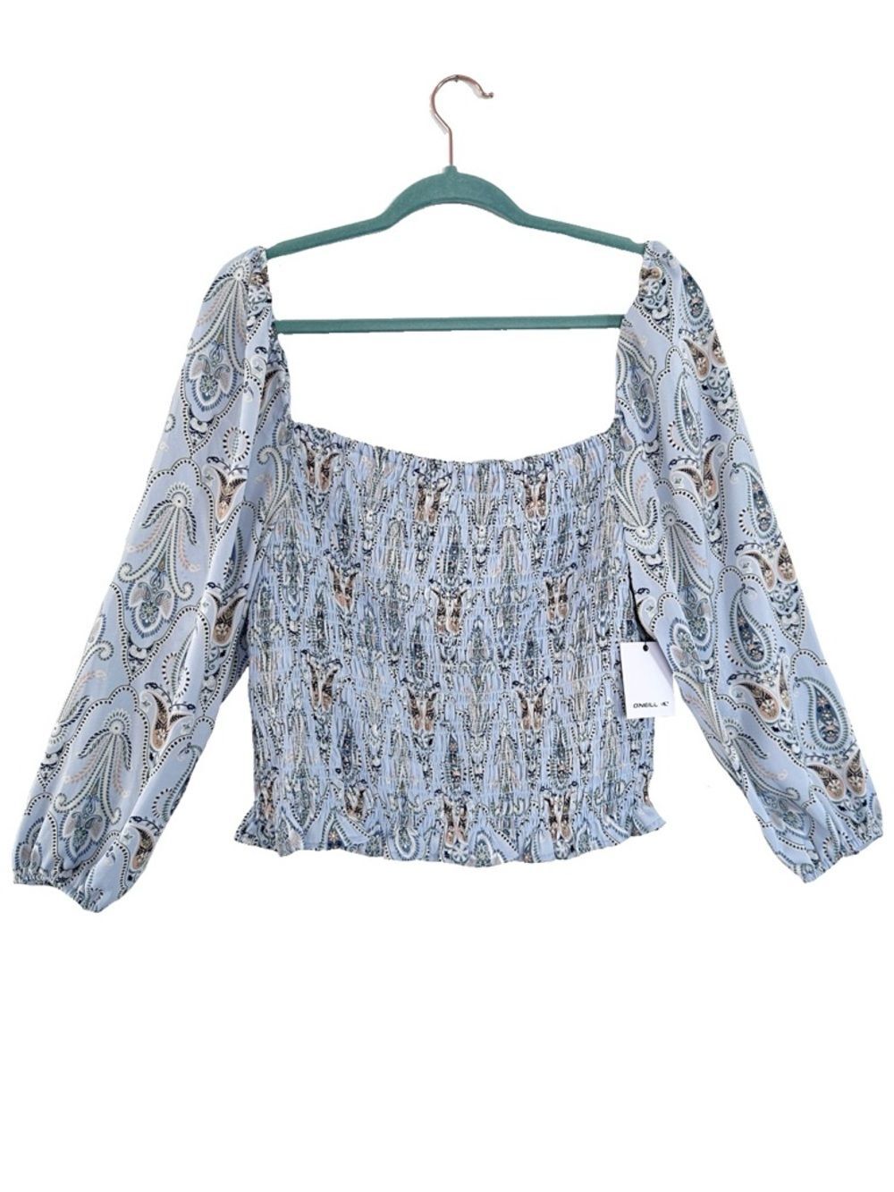NEW! O’Neill Alice Smocked Xenon Blue Paisley Top Balloon Sleeves Boho Beach XL